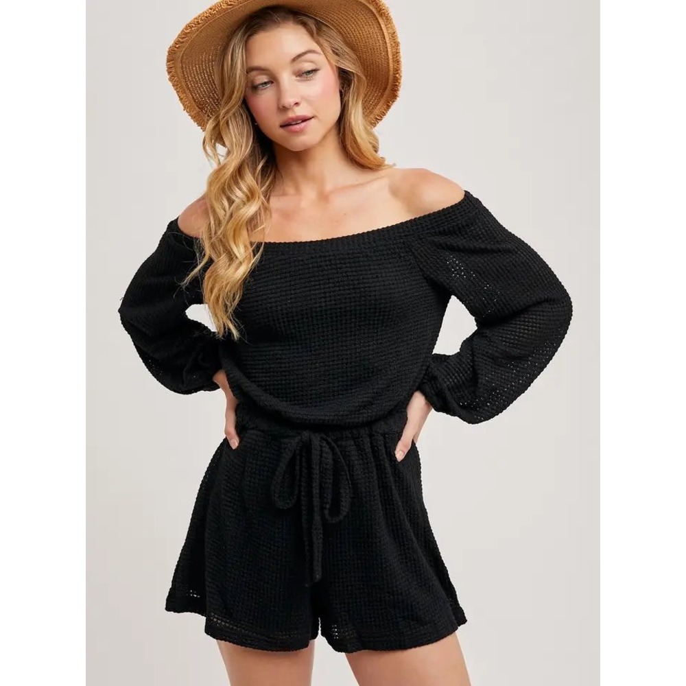 Free People Women's M Romper Black‎ Textured Long Bell Sleeve Drawstring NEW